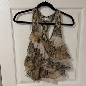 Zara Snake-Print Ruffle Tank Top - Beige, Black & Taupe